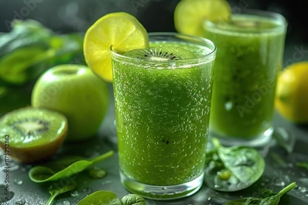 Fototapeta Refreshing green smoothies with kiwi and lime served alongside fresh fruits on a dark kitchen counter