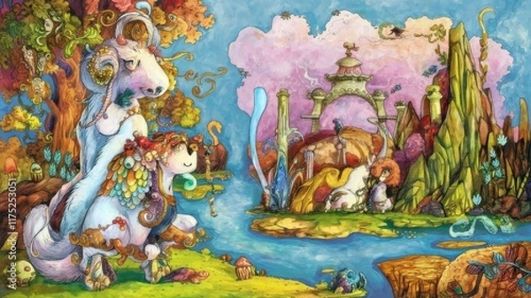 Fototapeta Whimsical fantasy landscape with surreal creatures and magical scenery