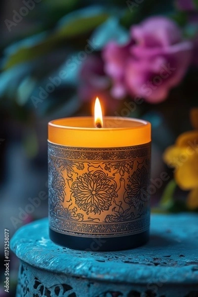 Fototapeta Warm glow of a scented candle on a tranquil evening showcases intricate designs surrounded by vibrant flowers in a peaceful setting