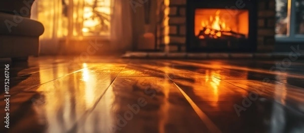 Fototapeta Warm glow reflecting on wooden floor from fireplace.