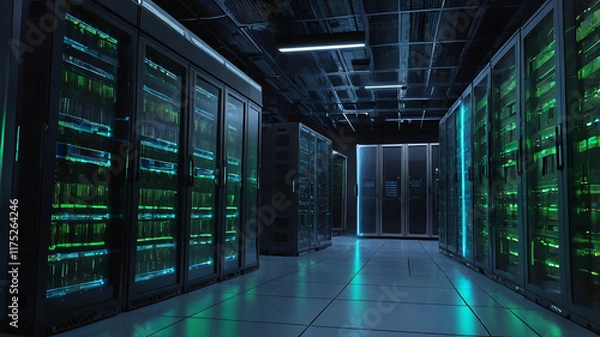 Fototapeta Futuristic Data Center Server Room: High-Tech Atmosphere with Digital Green and Blue Glow