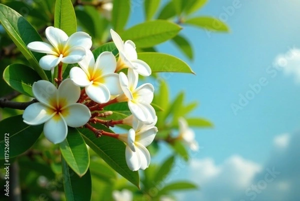 Obraz White frangipani flowers in full bloom on a tree canopy, white, frangipani