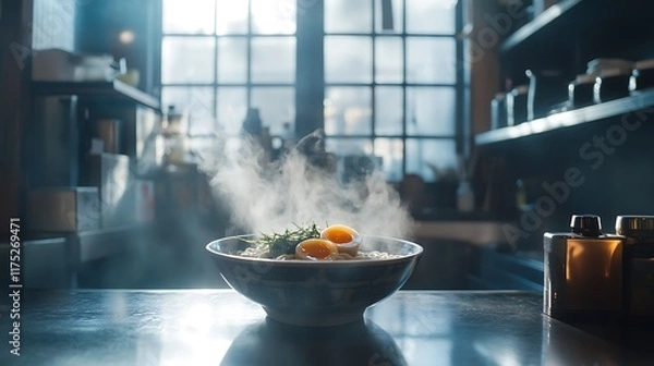 Fototapeta Steaming Bowl Of Noodles With Soft Boiled Eggs