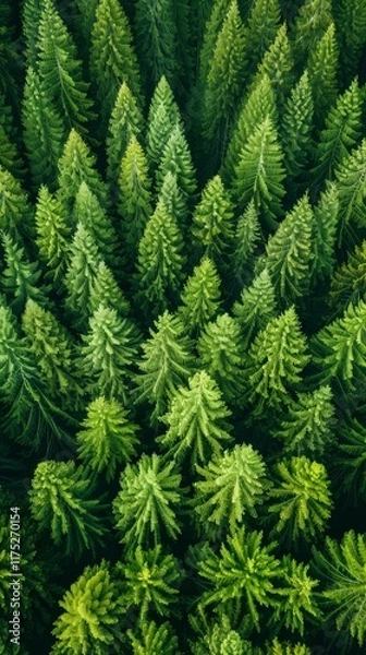 Fototapeta Aerial View of Lush Green Coniferous Forest Featuring Dense Evergreen Trees Under Bright Natural Light Highlighting Varied Shades of Green Leaves