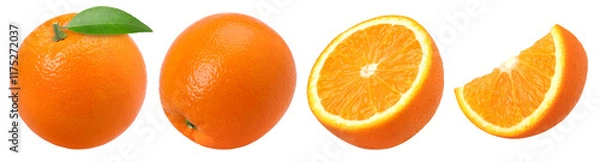Fototapeta Orange fruit with leaves, half and slices isolated, Orange fruit macro studio photo, transparent PNG, collection, PNG format, cut out.