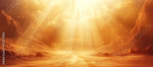 Fototapeta Dramatic desert landscape with glowing sand dunes and sunrays shining through the clouds creating a serene and atmosphere