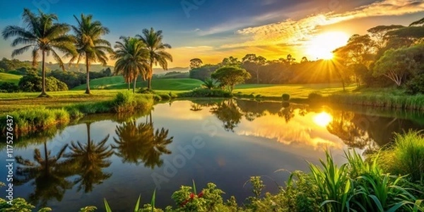 Fototapeta Stunning High-Definition Photo of a Farm Pond at Sunset, Brazil