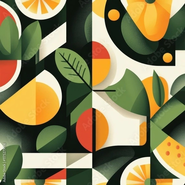 Fototapeta Vibrant abstract design with fruits, plants, and geometric shapes