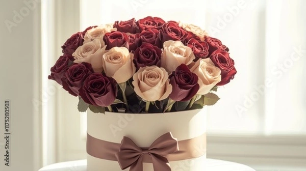 Fototapeta A bouquet of roses placed inside a white box with a red ribbon