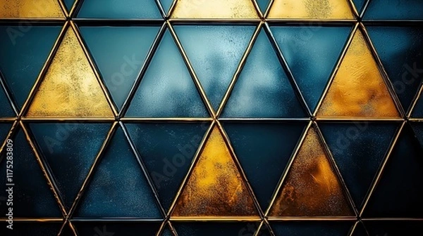 Fototapeta Gold & blue triangular glass building facade reflecting trees.