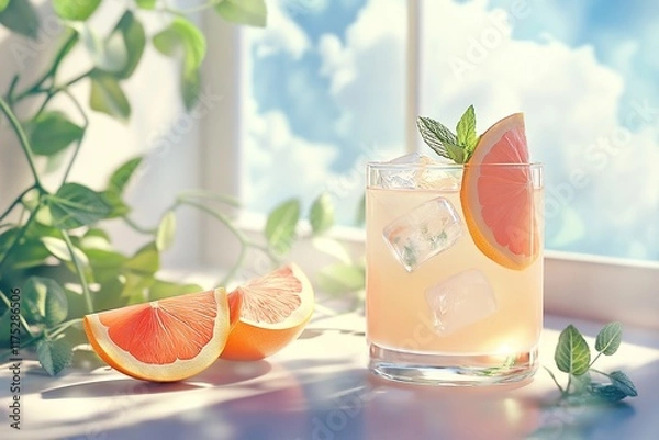 Fototapeta Refreshing Grapefruit Cocktail by the Window