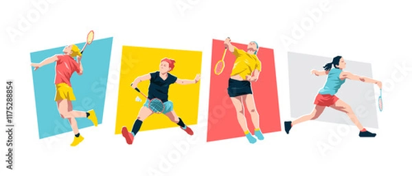 Obraz Set of female badminton players. Badminton athlete character. Isolated on white background. Flat graphic vector illustration.