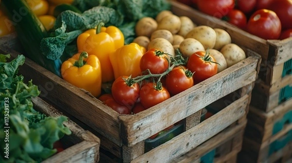 Fototapeta Farmers market display presents fresh organic produce in wooden crates, featuring colorful arrangement of vegetables including tomatoes, cucumbers, potatoes, and leafy greens.