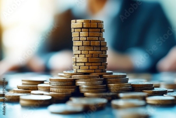 Fototapeta Stacked Coins Representing Financial Growth and Investment Strategy in Business Environment with Blurred Background