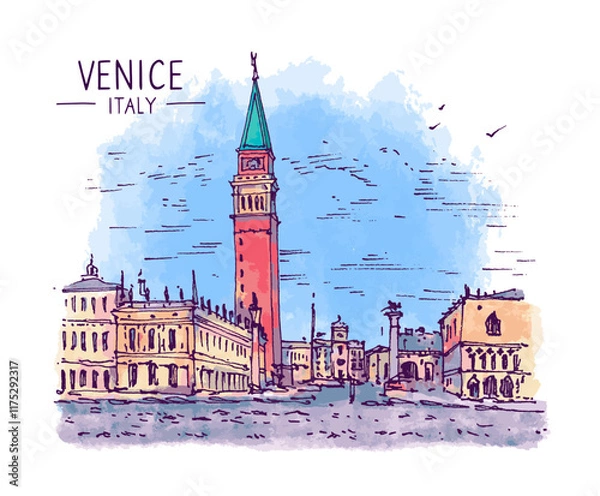 Fototapeta Architecture sketch illustration. An urban colorful landscape of The Doge's Palace facing the lagoon in Venice, Italy. Freehand digital drawing. Hand drawn travel postcard. Banner, poster. Vector
