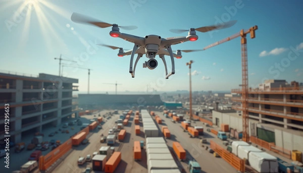 Fototapeta Drone Surveying a Construction Site with Cargo Trucks