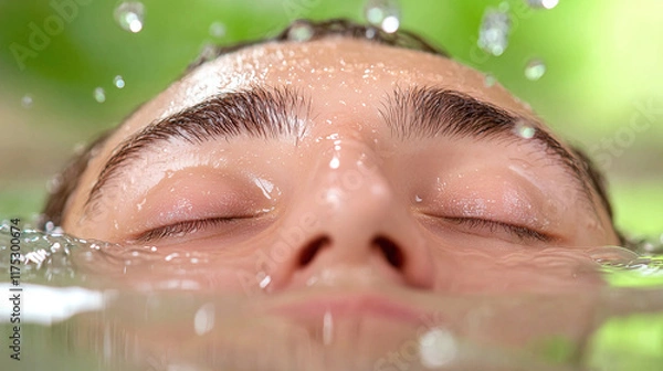 Obraz close up of person serene face submerged in water, with droplets glistening on skin, creating tranquil and peaceful atmosphere