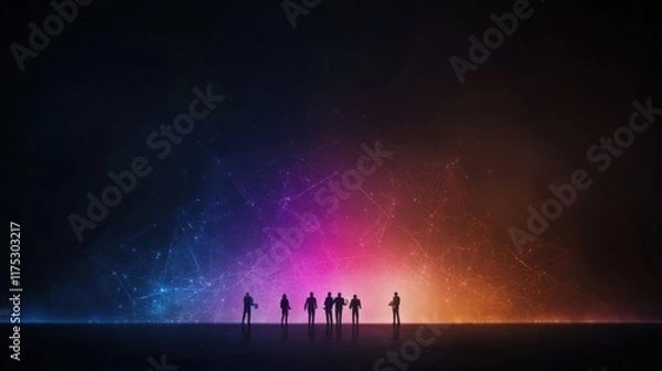 Fototapeta Silhouettes of Diverse Individuals Against a Colorful Abstract Background Representing Connection and Unity in a Digital Environment