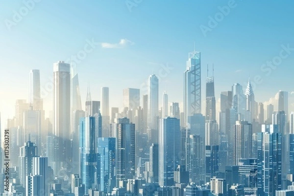 Fototapeta Cityscape on Sunny Afternoon with Modern Skyscrapers Highlighted by Sunlight