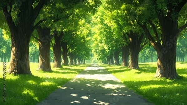 Fototapeta Sunlit Path Through a Lush Avenue of Trees on a Sunny Day