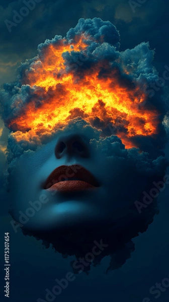 Fototapeta Woman's face surrounded by billowing clouds igniting with fiery light during twilight, representing the clash between imagination and reality in a dreamlike setting