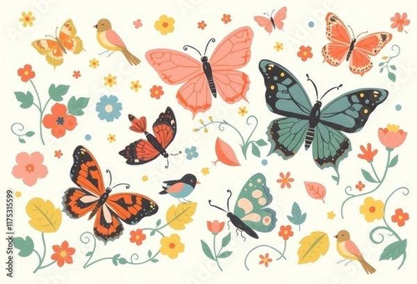 Fototapeta a bunch of butterflies and flowers