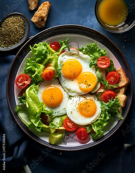 Obraz fried eggs with bacon and tomato