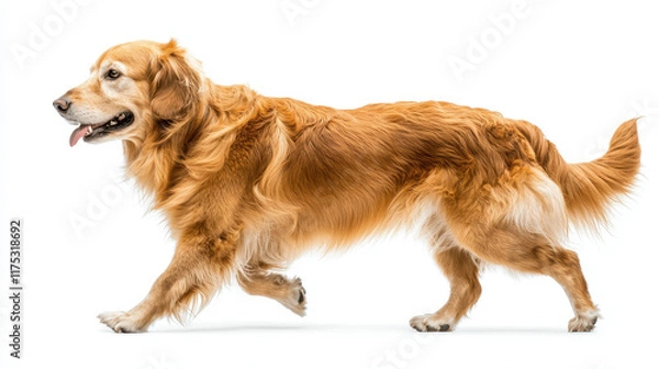 Fototapeta Golden retriever walking gracefully on white background, showcasing its beautiful fur and playful demeanor
