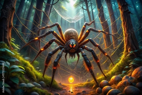 Obraz Surreal Giant Spider Encounter in Dreamlike Forest - Stock Photo