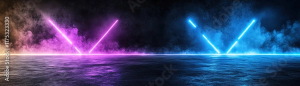 Fototapeta Neon lights in pink and blue create vibrant V shape on dark, misty background