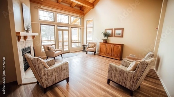 Fototapeta Empty retirement home common area with unoccupied chairs and quiet surroundings, reflecting solitude and the passage of time in aging communities.