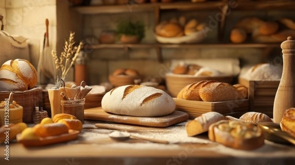 Obraz A small homemade bakery factory with dough being kneaded by hand, and freshly baked bread and pastries in the background.