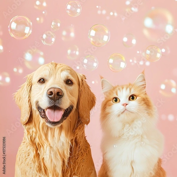 Fototapeta dog and cat Wellness and Spa Cute dog and cat enjoying playful bubbles.