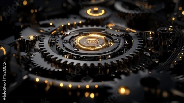 Fototapeta Close-Up of Intricate Clockwork Mechanism with Glowing Gears and Dark Background Providing a Sense of Time and Precision in Engineering Design