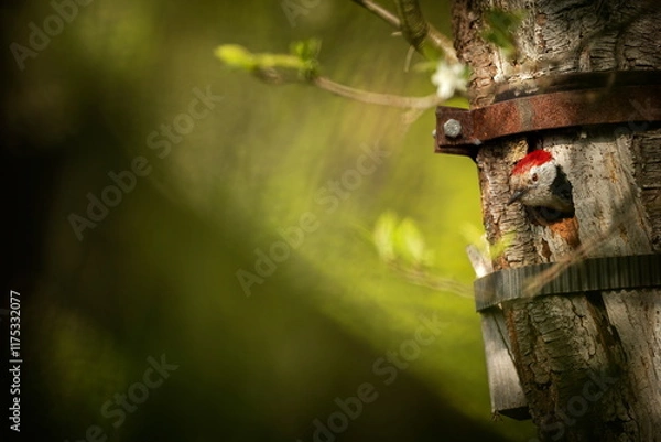 Fototapeta Dendrocopos major. Wild nature of the Czech Republic. Evening photography. Free nature. Beautiful picture. Photos of nature. Bird on the tree. From bird life. Nature. Forest. Spring nature. Expanded i