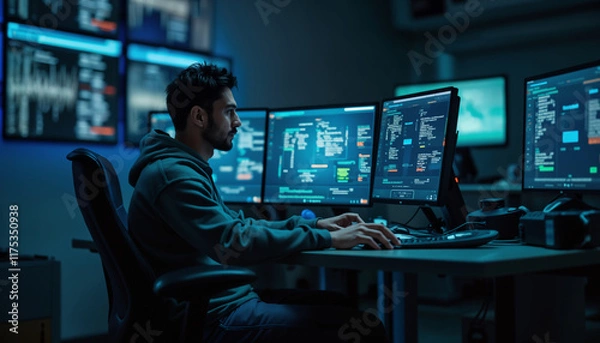 Fototapeta Focused Programmer Working in a High-Tech Environment