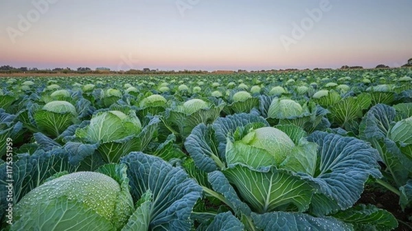 Obraz Sunrise over vast cabbage field, rural farm.