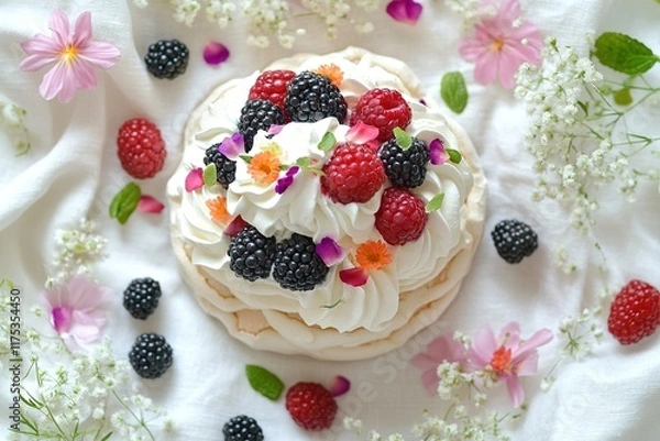 Fototapeta Delicate dessert topped with fresh berries and edible flowers on