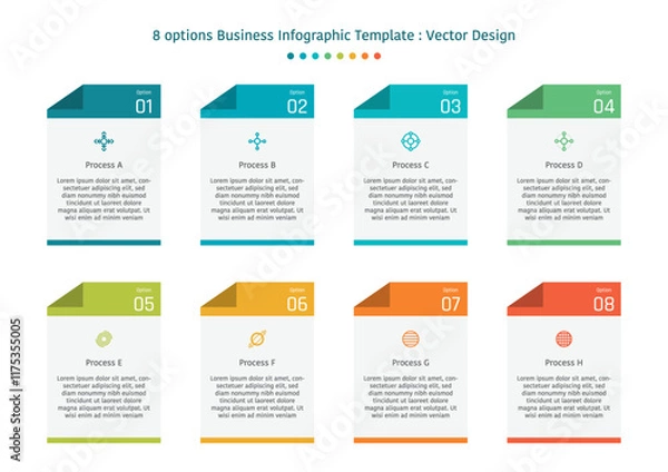 Fototapeta 8 options business infographic template, theme of paper that has fold at the top left edge, with symbol and text frame