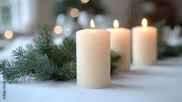 Fototapeta Lit candles and pine branch on festive table.