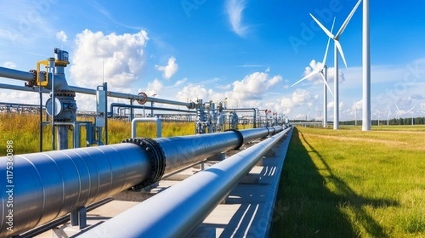 Fototapeta Industrial landscape featuring pipelines and wind turbines under a blue sky with clouds.