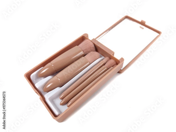 Fototapeta Compact Makeup Brush Set in Portable Box isolated white background