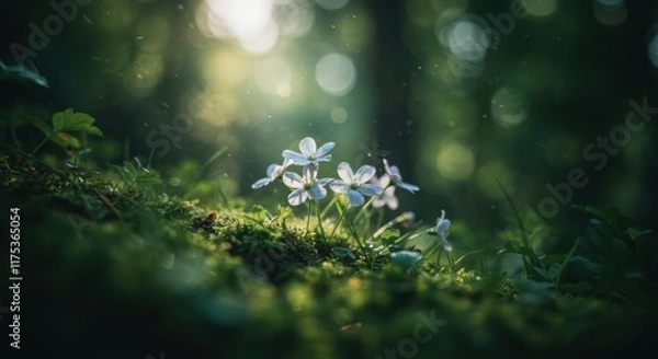 Fototapeta A captivating macro shot of small white wildflowers growing out of mossy ground in a forest setting