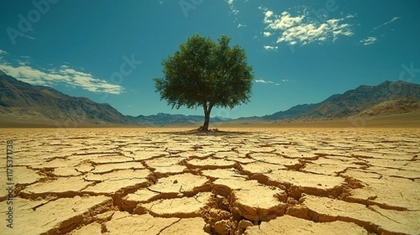 Obraz Lone tree surviving in cracked desert soil, mountains backdrop.