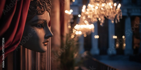 Obraz A theater mask is dramatically displayed beside a glowing chandelier, highlighting the elegance and allure of theatrical arts in a warmly lit hall setting.