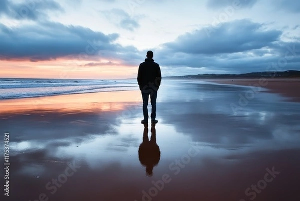 Fototapeta Solitary figure standing on a beach at twilight waves lapping at their feet.