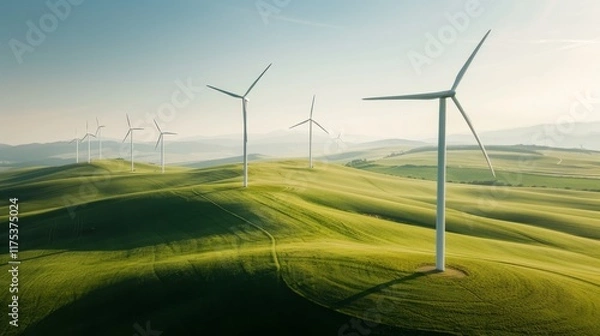 Fototapeta An aerial view of a rural wind farm featuring rows of wind turbines and expansive fields Emphasize the role of rural communities in embracing renewable energy sources