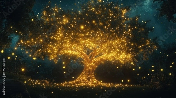 Obraz an image of a tree lit up at night with stars in the sky above it