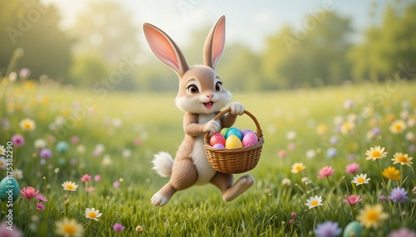 Obraz Happy easter bunny hopping joyfully through a vibrant field of colorful flowers, carrying a basket filled with beautifully decorated eggs, celebrating the cheerful springtime holidays.