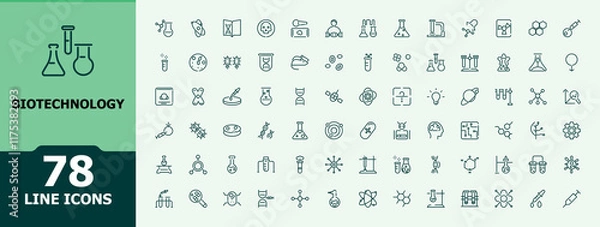 Fototapeta Set of Biotechnology line icons. Includes icons for scientific, innovation, scientist, experiment, microscope, interaction, science. Minimalist editable vector icon and illustration.